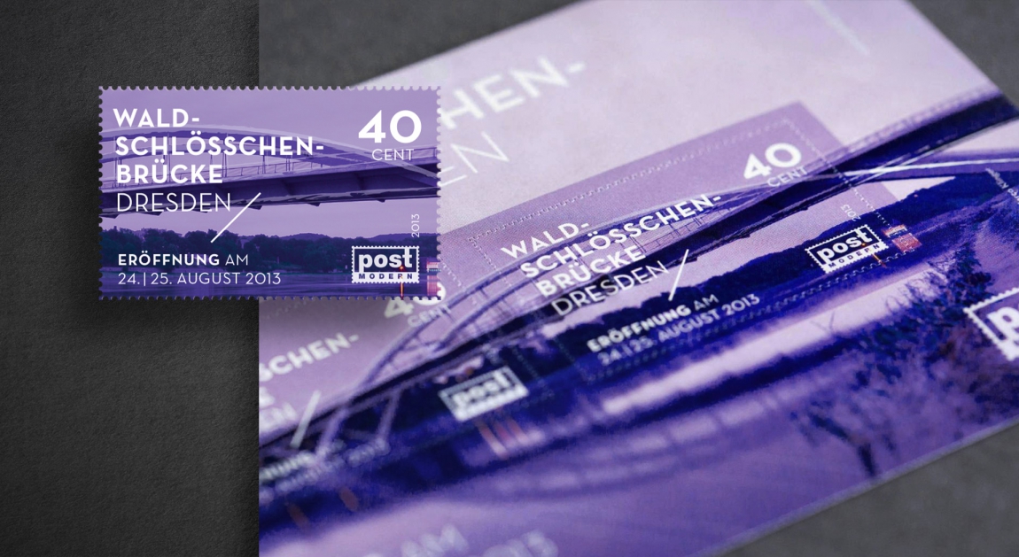 postmodern-briefmarken-philatelie-ersttagskarte-waldschlösschenbrücke-veredlung-prägung-stanzung-grafikdesign-berlin